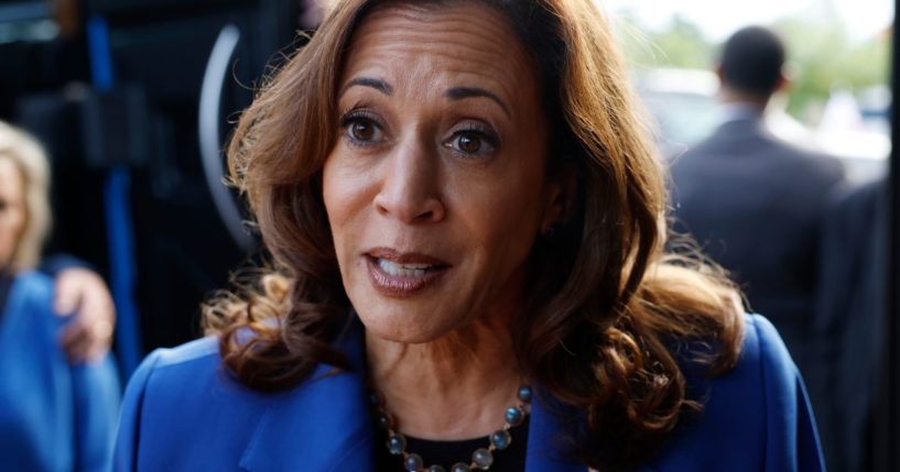 Vice President Kamala Harris speaks to reporters outside of Primanati Bros. Restaurant in Moon Township, Pennsylvania, on Sunday.