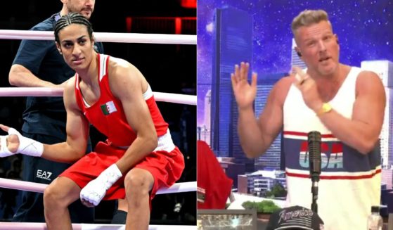 On his show on Thursday, ESPN's Pat McAfee, right, discussed the controversy surrounding Algerian boxer Imane Khelif, left, at the Paris Olympics.