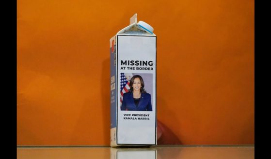 A milk carton with a picture of Vice President Kamala Harris sits on the floor during a press conference following a House Republican caucus meeting on Capitol Hill on April 14, 2021 in Washington, DC.