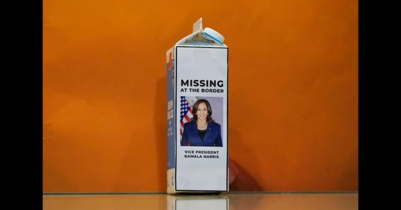 A milk carton with a picture of Vice President Kamala Harris sits on the floor during a press conference following a House Republican caucus meeting on Capitol Hill on April 14, 2021 in Washington, DC.