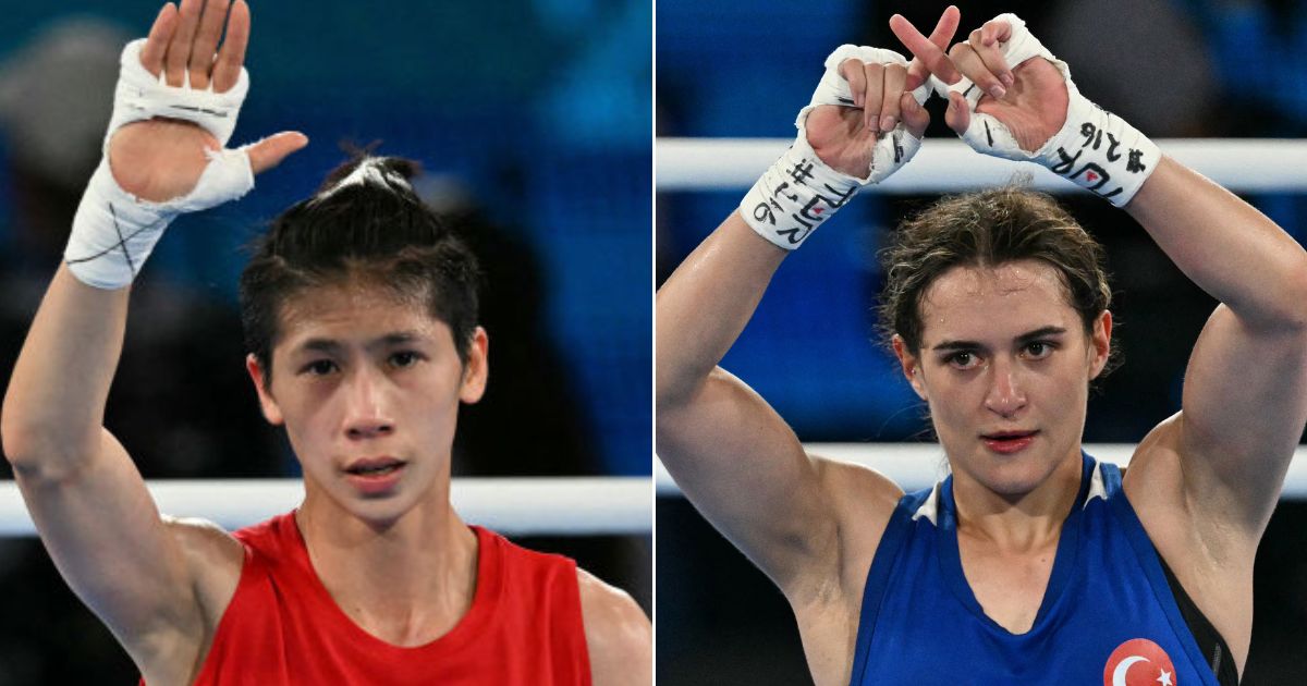 Turkey's Esra Yildiz Kahraman, right, in blue, reacts after losing to Taiwan's Lin Yu-ting, left, in the women's 57kg semi-final boxing match during the Paris 2024 Olympic Games Wednesday.