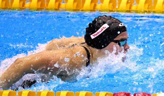 Paraguay's Luana Alonso competes in a heat of the women's 100-meter butterfly swimming event during the World Aquatics Championships in Fukuoka, Japan, on July 23, 2023.