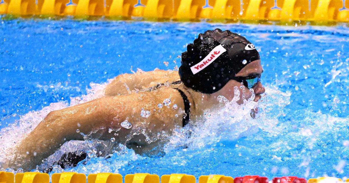 Paraguay's Luana Alonso competes in a heat of the women's 100-meter butterfly swimming event during the World Aquatics Championships in Fukuoka, Japan, on July 23, 2023.