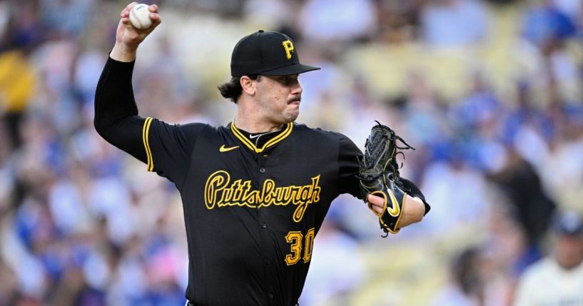 Paul Skenes of the Pittsburgh Pirates pitches against the Los Angeles Dodgers during the third inning at Dodger Stadium in Los Angeles, California, on Saturday.