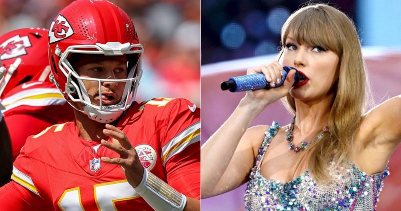 Kansas City Chiefs quarterback Patrick Mahomes, left, has said that Taylor Swift, right, has shown an interest in football - and may be trying to help the team.