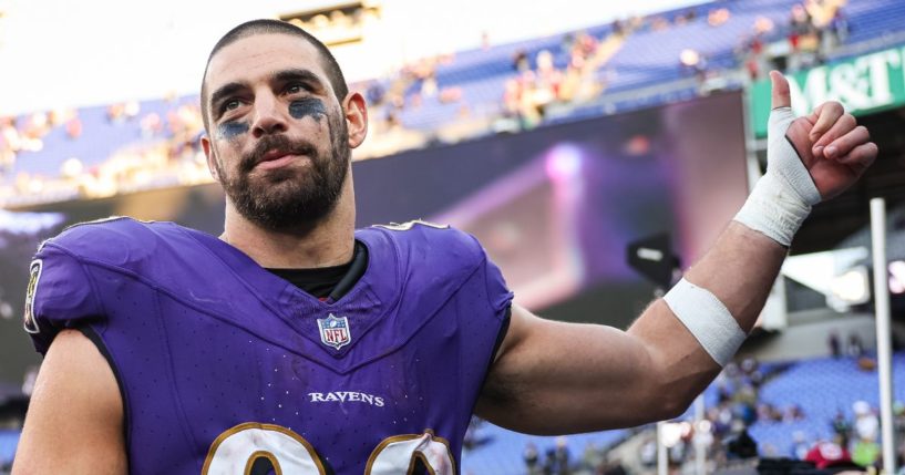 Mark Andrews #89 of the Baltimore Ravens, seen after a game against the Seattle Seahawks Nov.. 5 in Baltimore, Maryland, was involved in a car accident Wednesday but was not injured, the team announced.