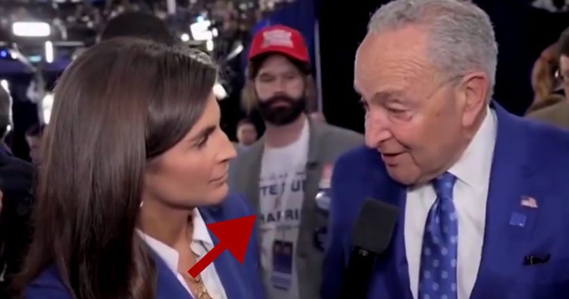 While Chuck Schumer, right, was being interviewed at the DNC on Tuesday, conservative commentator Matt Walsh, arrow, walked behind him on a “mission to understand his internalized racism” at the DNC.