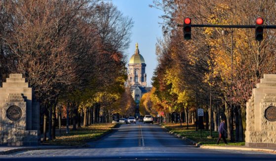 The entrance to the campus of the University of Notre Dame in South Bend, Indiana, is seen in a file photo from Nov. 7, 2020..