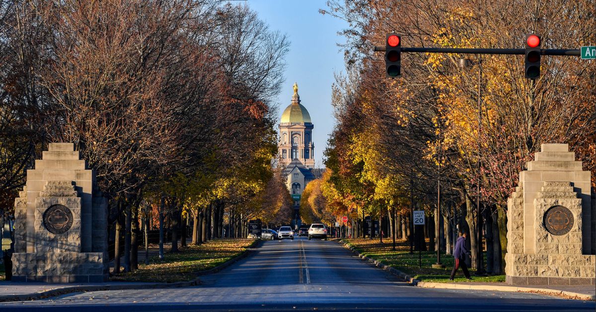 The entrance to the campus of the University of Notre Dame in South Bend, Indiana, is seen in a file photo from Nov. 7, 2020..