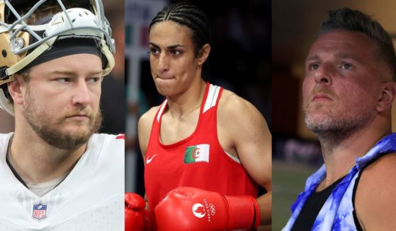 Taylor Pepper, left, slammed ESPN host Pat McAfee, right, for comments he made after Algerian boxer Imane Khelif, center, defeated a female opponent in the Paris Olympics on Thursday.