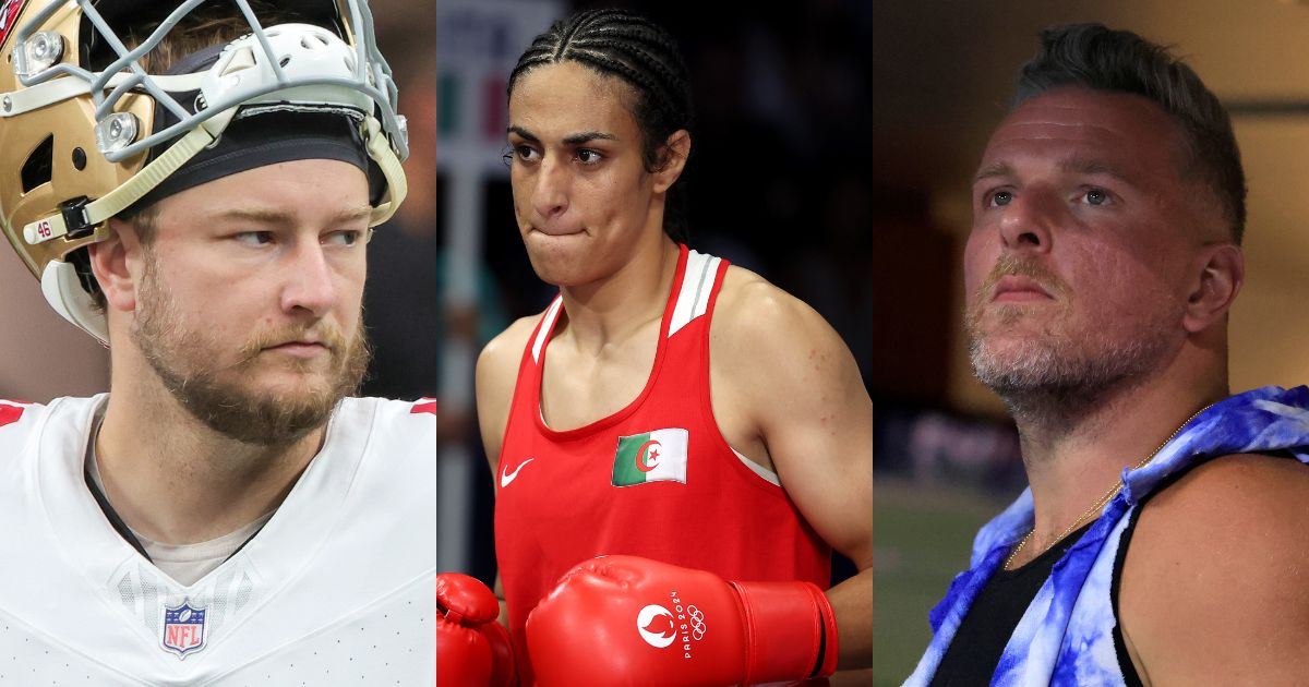 Taylor Pepper, left, slammed ESPN host Pat McAfee, right, for comments he made after Algerian boxer Imane Khelif, center, defeated a female opponent in the Paris Olympics on Thursday.