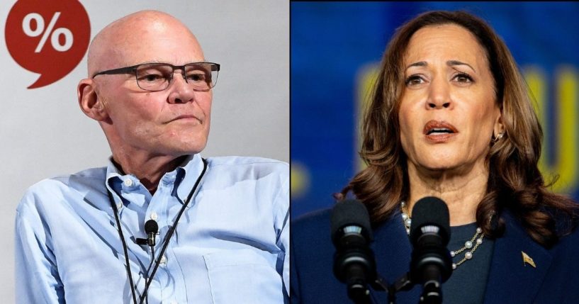 Composite image of Democratic strategist James Carville and Vice President Kamala Harris.