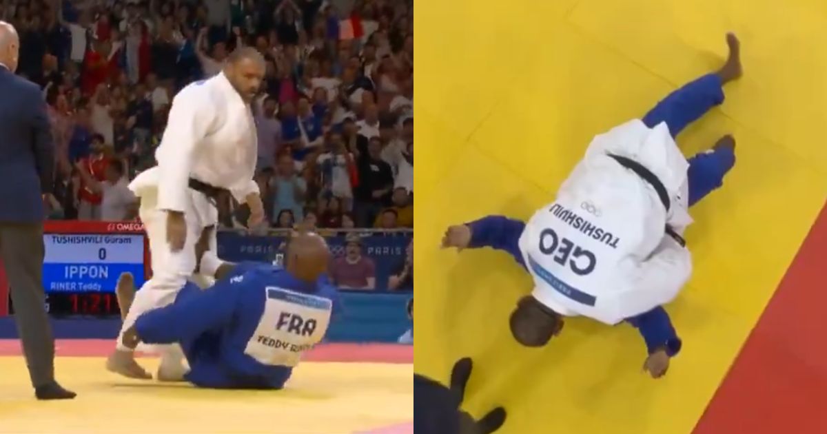 Georgian judo star Guram Tushishvili throws his opponent after the match, leading to his disqualification.