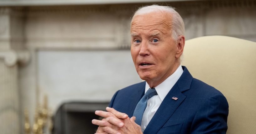 President Joe Biden speaks during a meeting with Israeli Prime Minister Benjamin Netanyahu in the Oval Office at the White House.