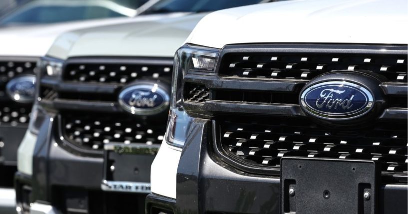 Ford pickup trucks are displayed for sale at a Ford dealership on Aug. 22 in Glendale, California.