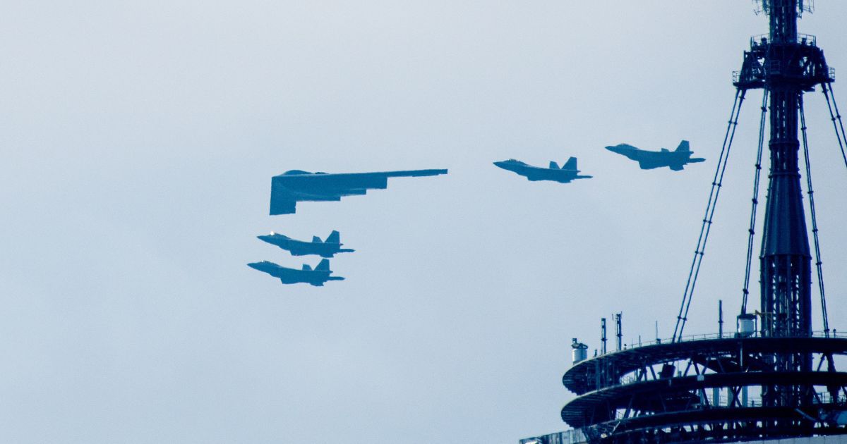 A B-2 Stealth Bomber and four F22s fly over the World Trade Center during the Fourth of July Military Flyover on July 04, 2020 in New York City.