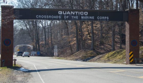 The main gate of the U.S. Marine Corps Base in Quantico, Virginia, is pictured on March 22, 2013.