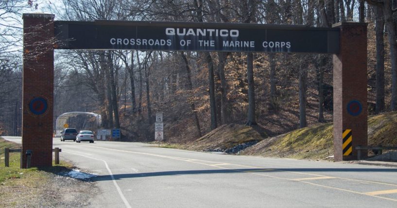 The main gate of the U.S. Marine Corps Base in Quantico, Virginia, is pictured on March 22, 2013.