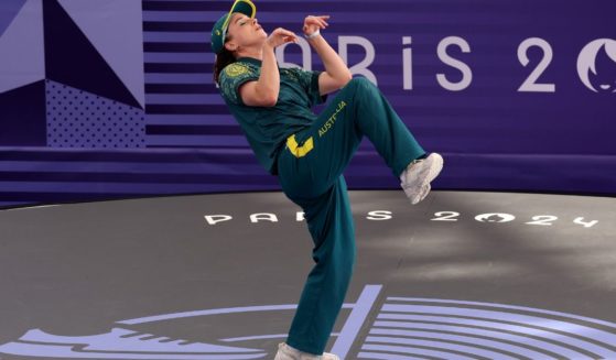 B-Girl Raygun of Team Australia competes during the B-Girls Round Robin - Group B during the Olympic Games in Paris, France, on Friday.