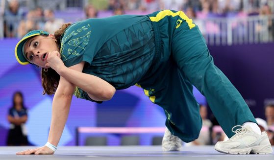 B-Girl Raygun of Team Australia competes during the B-Girls Round Robin - Group B at the Olympic Games in Paris, France, on Friday.