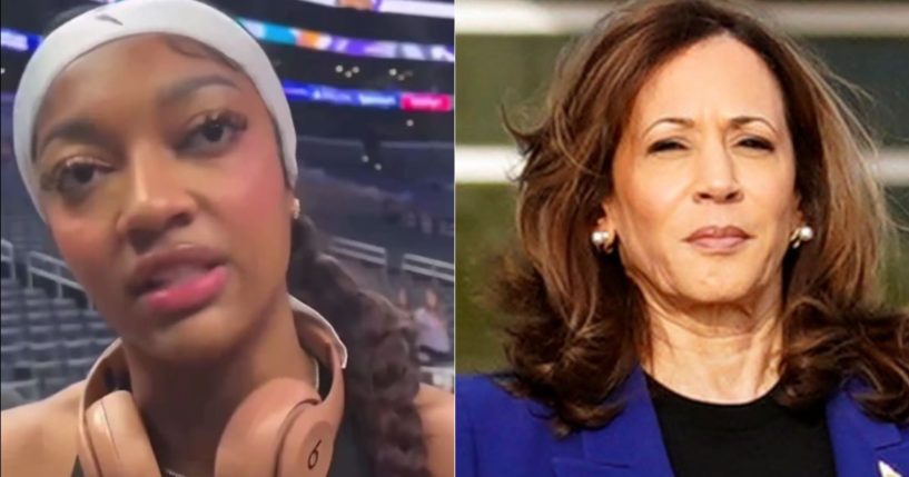 WNBA rookie Angel Reese, left, was asked her thought on Vice President Kamala Harris, right, and Reese answered in a mature way, refusing to comment on the politics and encouraging Americans to vote.