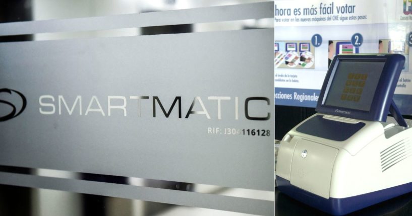 The Smartmatic logo, left, is displayed a door in Caracas, Venezuela, on Aug. 2, 2017. A model of a Smartmatic touch screen voting machine, right, sits at the entrance of the National Elections Council headquarters in Caracas, Venezuela, on June 18, 2004.