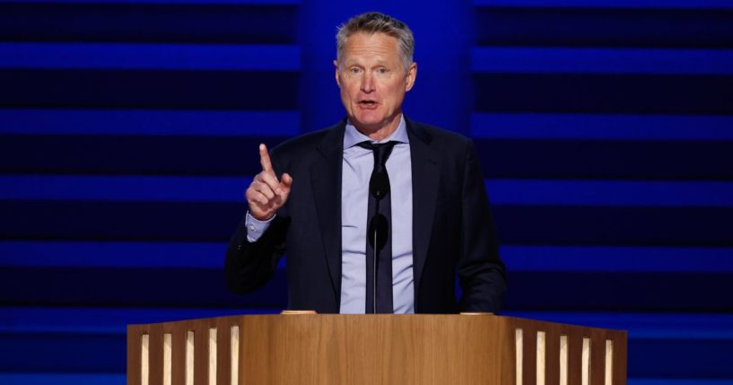 Steve Kerr, Team USA Men’s Basketball coach and Golden State Warriors coach, speaks onstage during the first day of the Democratic National Convention in Chicago, Illinois, on Monday.