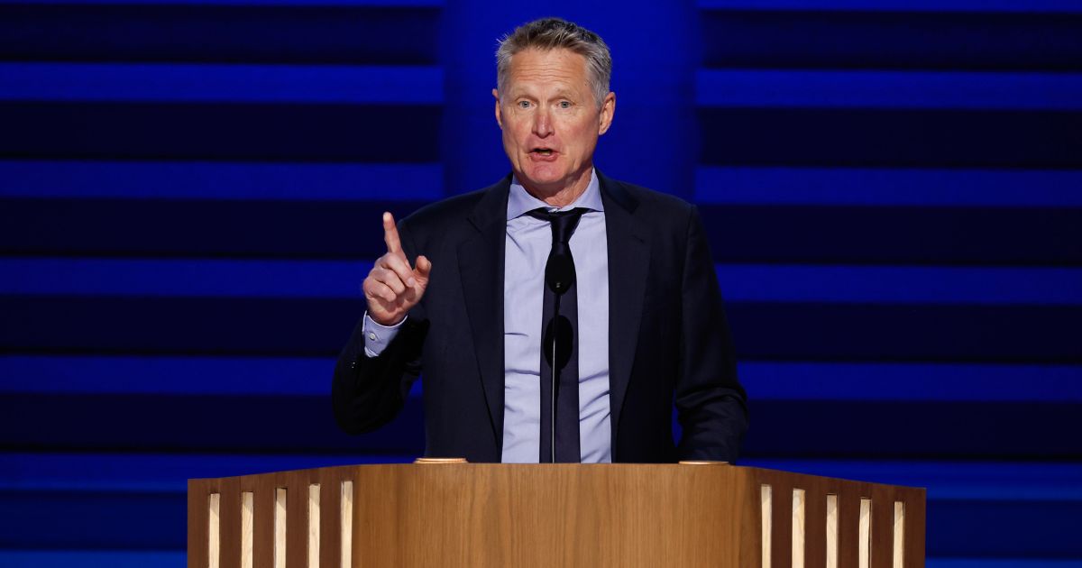 Steve Kerr, Team USA Men’s Basketball coach and Golden State Warriors coach, speaks onstage during the first day of the Democratic National Convention in Chicago, Illinois, on Monday.