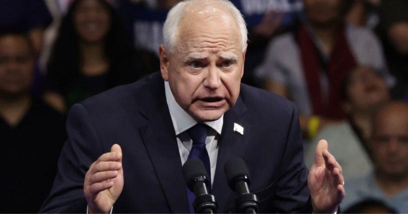 Gov. Tim Walz speaks during a campaign rally with Vice President Kamala Harris in Philadelphia, Pennsylvania, on Aug. 6.