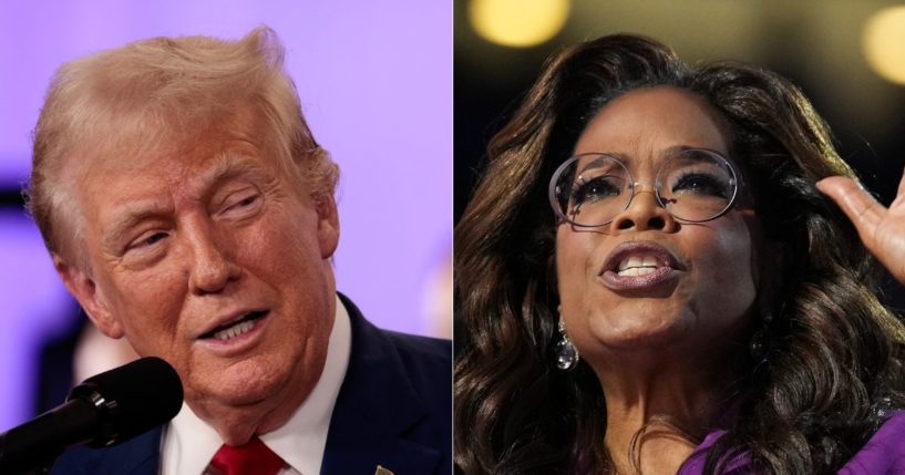 On Wednesday, Oprah Winfrey, right, endorsed Vice Kamala Harris at the DNC in Chicago, but the campaign of former President Donald Trump, left, posted a note from Winfrey to Trump from 2000 that was friendly and joked about being running mates.