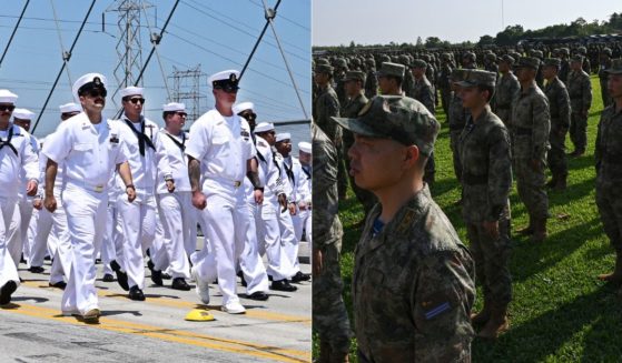 U.S. Navy sailors walking across the Sixth Street Bridge in Los Angeles, California on Memorial Day, left, are contrasted with Chinese soldiers standing in formation during the Cambodian-Chinese Dragon Gold-2024 drill.