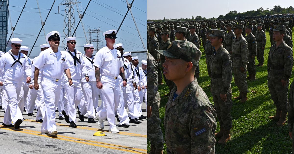 U.S. Navy sailors walking across the Sixth Street Bridge in Los Angeles, California on Memorial Day, left, are contrasted with Chinese soldiers standing in formation during the Cambodian-Chinese Dragon Gold-2024 drill.