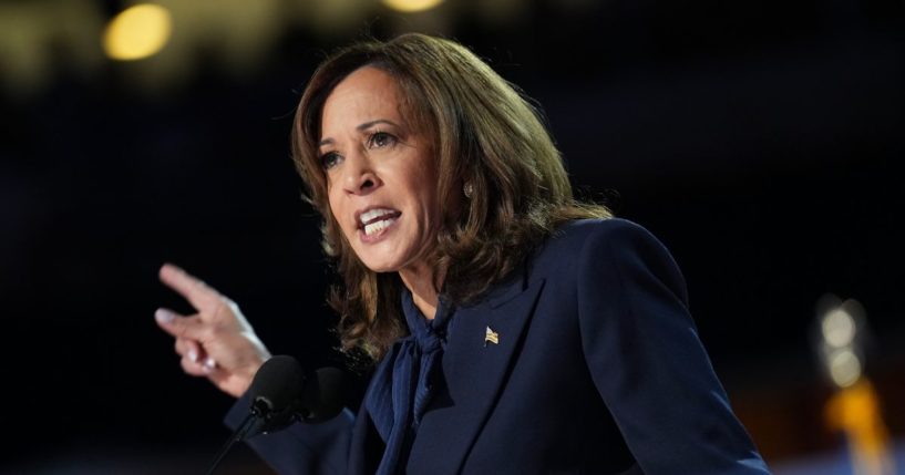 Democratic presidential candidate, U.S. Vice President Kamala Harris speaks on stage during the final day of the Democratic National Convention at the United Center on Thursday in Chicago, Illinois. Delegates, politicians, and Democratic Party supporters are gathering in Chicago, as current Vice President Kamala Harris is named her party's presidential nominee. The DNC takes place from August 19-22.