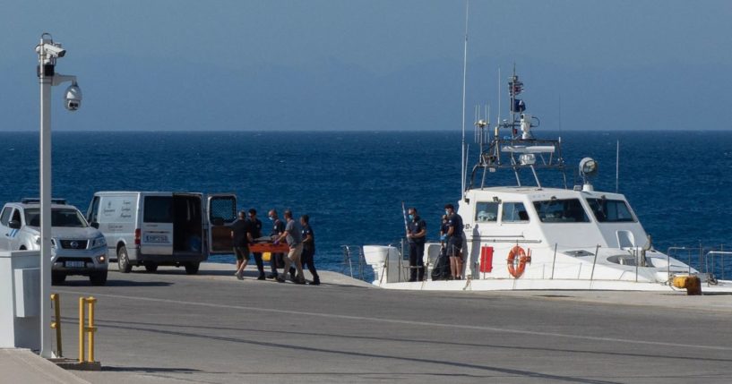 The Greek coast guard disembarks the body of the British health guru and TV personality Michael Mosley at the port of the island of Rhodes, on June 9, 2024. British health guru and TV personality Michael Mosley was found dead on June 9, 2024, by a TV crew from the Greek public channel ERT, which was filming in the area where the 67-year-old disappeared on June 5, 2024 on the Greek island of Symi.