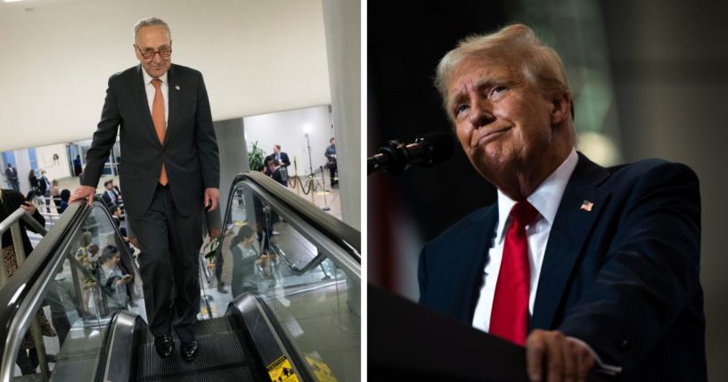 (L) U.S. Senate Majority Leader Charles Schumer (D-NY) leaves a meeting with intelligence officials on February 28, 2023 in Washington, DC. (R) U.S. Republican Presidential nominee former President Donald Trump speaks during a rally at Herb Brooks National Hockey Center on July 27, 2024 in St Cloud, Minnesota.