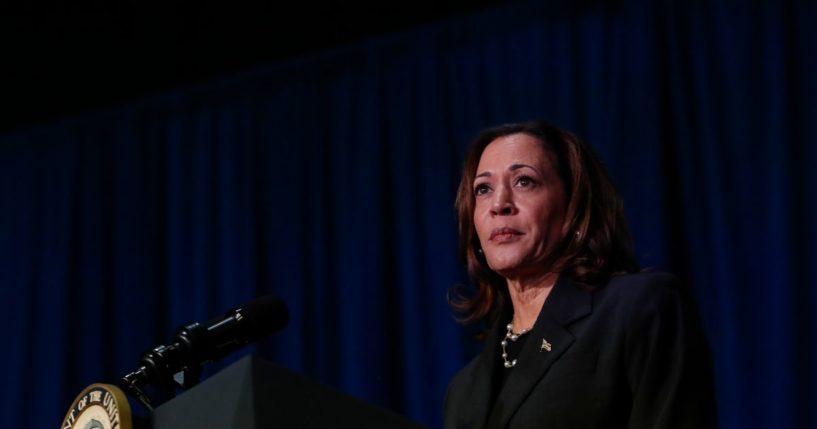 US Vice President Kamala Harris makes remarks before a moderated conversation with former Trump administration national security official Olivia Troye and former Republican voter Amanda Stratton on July 17, 2024 in Kalamazoo, Michigan. Harris' visit, following the attempted assassination of former President Trump, makes this her fourth trip to Michigan this year and seventh visit since taking office.