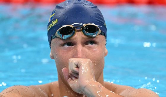 Olympic swimmer Victor Johansson of Sweden reacts after competing in a heat of the men's 1,500-meter freestyle swimming event during the Paris 2024 Olympic Games on Saturday.