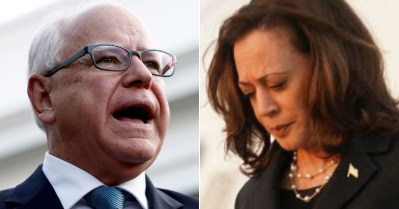 Minnesota Gov. Tim Walz, left, speaks to reporters after a meeting with President Joe Biden at the White House on July 3 in Washington, D.C.. At right, Vice President Kamala Harris steps off Air Force Two upon arrival at Joint Base Andrews in Maryland on Aug. 1.