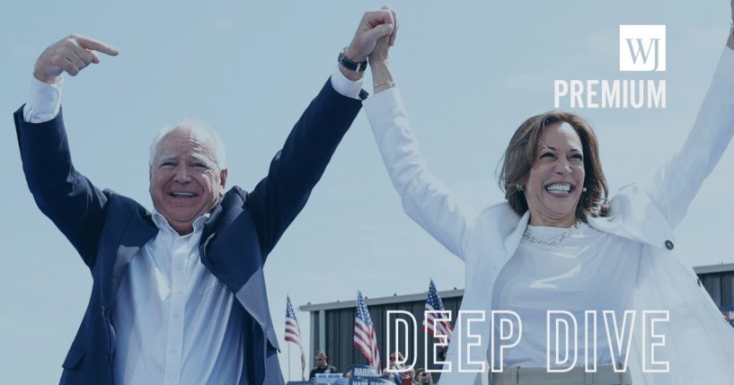 Minnesota Gov. Tim Walz, left, is seen at a campaign appearance Wednesday with Vice President and presumptive 2024 Democratic presidential candidate Kamala Harris in Eau Claire, Wisconsin.