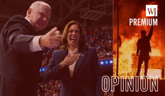 During the summer of 2020, Minnesota Gov. Tim Walz, left, allowed protests to turn into riots that destroyed Minneapolis, right. When he finally began cracking down on the protesters, Vice President Kamala Harris, middle, bailed them out.