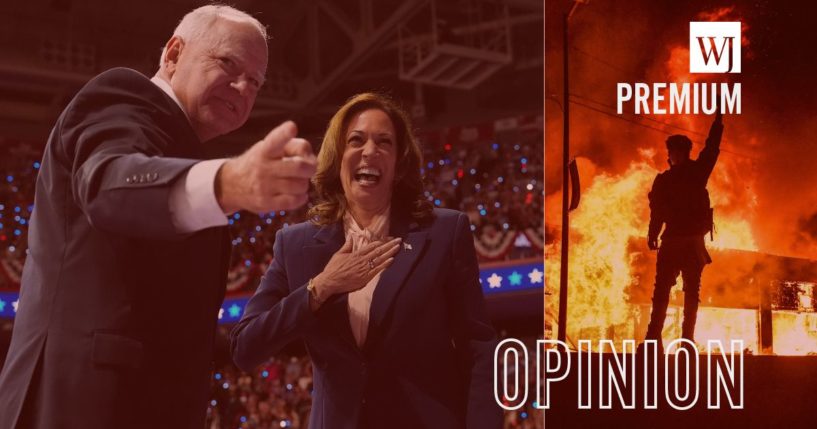 During the summer of 2020, Minnesota Gov. Tim Walz, left, allowed protests to turn into riots that destroyed Minneapolis, right. When he finally began cracking down on the protesters, Vice President Kamala Harris, middle, bailed them out.