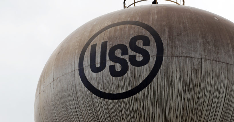 A U.S. Steel logo is seen on a water tower, May 2, 2019, at U.S. Steel's Edgar Thomson Works in Braddock, Pennsylvania.