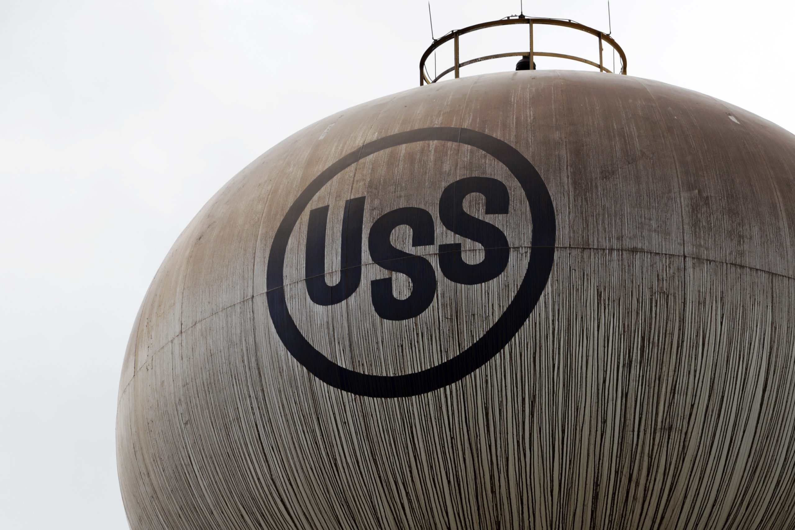 A U.S. Steel logo is seen on a water tower, May 2, 2019, at U.S. Steel's Edgar Thomson Works in Braddock, Pennsylvania.