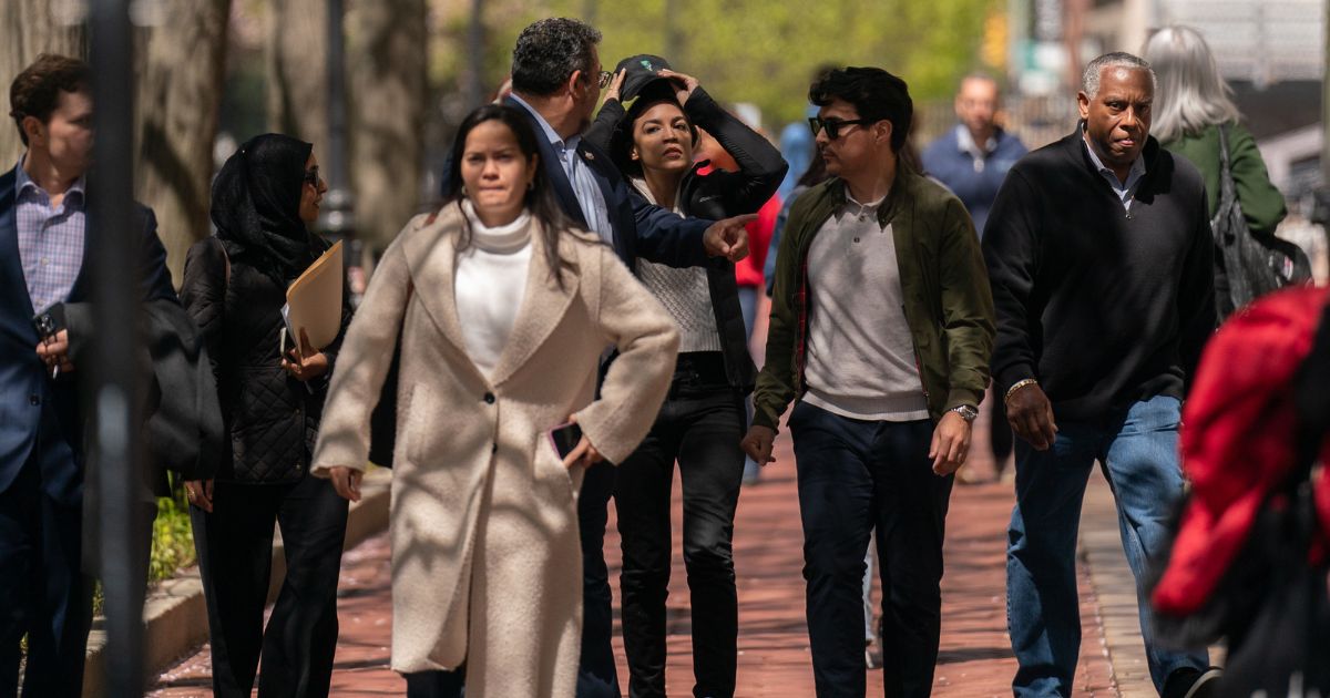 Rep. Alexandria Ocasio-Cortez leaves Columbia University after visiting the pro-Palestine encampment on April 26 in New York City.