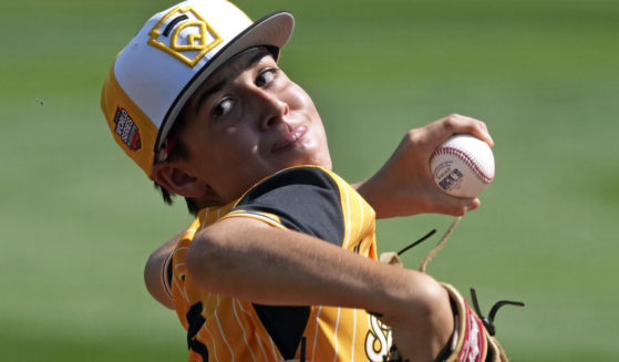 Lake Mary, Florida's Jacob Bibaud delivers during the first inning of the Little League World Series Championship game against Taiwan in South Williamsport, Pennsylvania on Sunday.