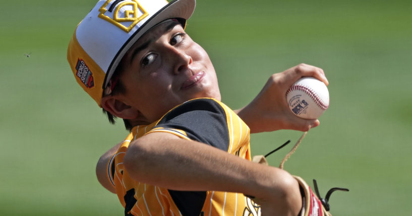 Lake Mary, Florida's Jacob Bibaud delivers during the first inning of the Little League World Series Championship game against Taiwan in South Williamsport, Pennsylvania on Sunday.