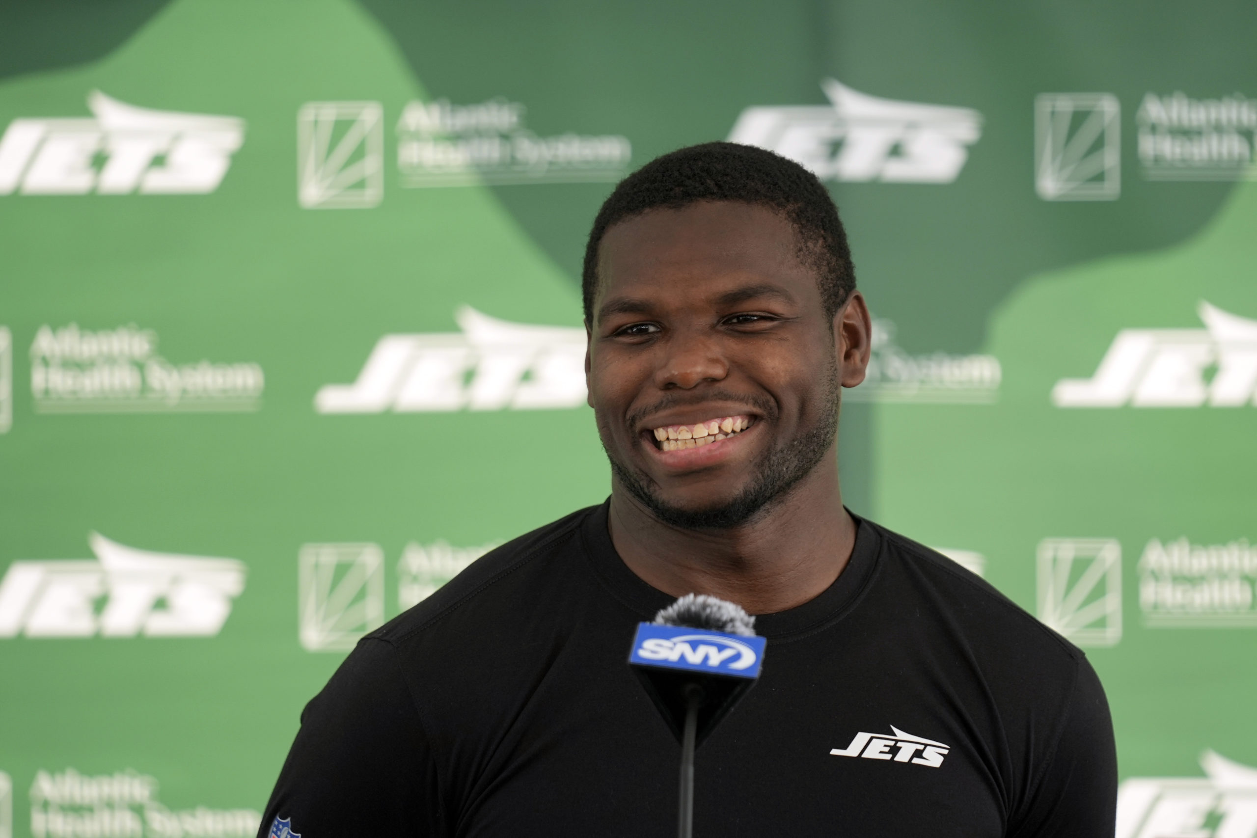 New York Jets' Tarik Cohen speaks to reporters after a practice at the NFL football team's training facility in Florham Park, New Jersey on Tuesday.