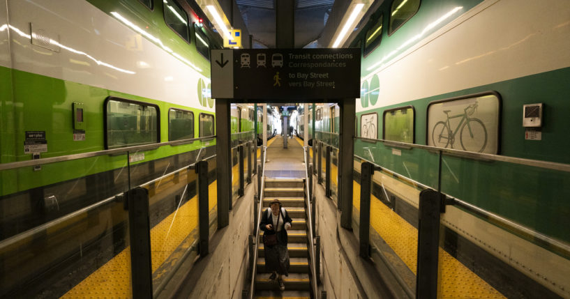 Commuters arrive at Union Station on a GO Train as a national rail shutdown causes delays in Toronto on Thursday.