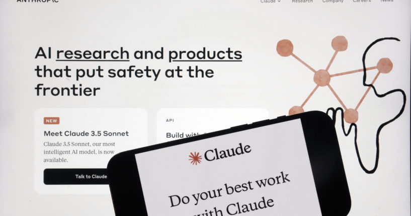 The Anthropic website and mobile phone app are shown in this photo, in New York, on July 5.