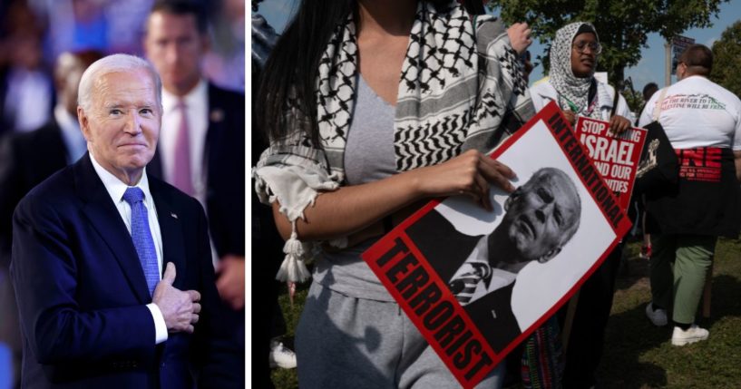 (L) President Joe Biden acknowledges applause after the President's speech during the first day of the Democratic National Convention at the United Center on August 19, 2024 in Chicago, Illinois. (R) Demonstrators protest in Union Park near the United Center which is hosting the Democratic National Convention (DNC) on August 19, 2024 in Chicago, Illinois.